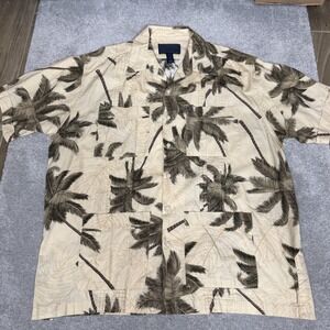 Hawaiiabera Shirt Mens XL Beige Palm Tree Hawaiian Button Front Cotton Tropical